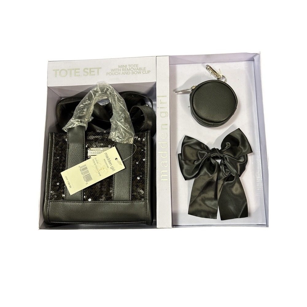 Steve Madden Girl 3-Pc Gift Set Black Sequin Mini Tote, Coin Purse w/ Bow NEW